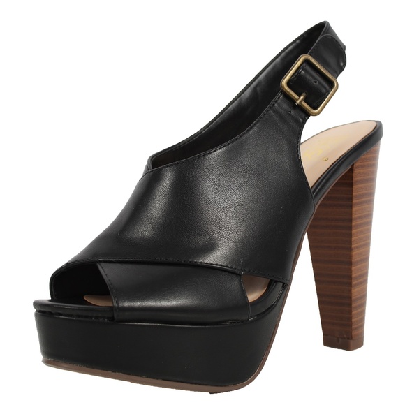 Shoes - Black Peep Toe Sling Back Wooden Block Heel